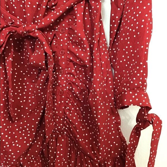 MISSGUIDED Red White Polka Dot Long Sleeve Runched Self Tie Mini Dress NWT Sz 12 - Picture 7 of 9
